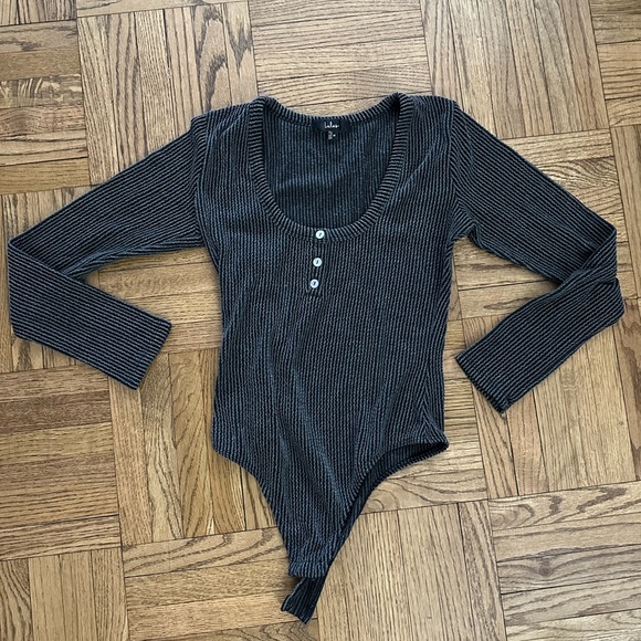 Lulus Pursuing Sweetness Charcoal Textured Ribbed Henley Bodysuit - medium - Picture 2 of 3